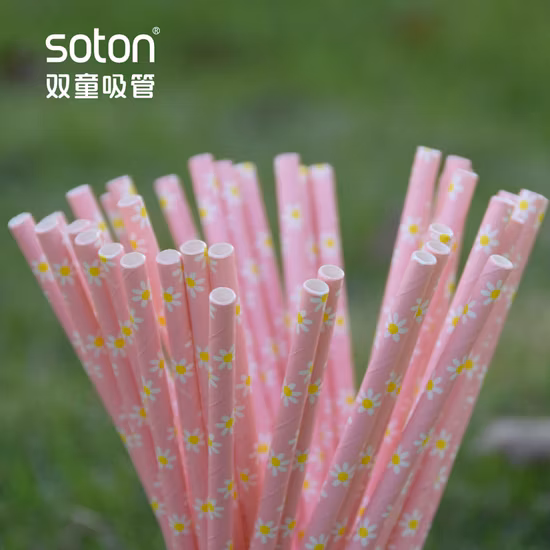 Party Disposable Biodegradable Pink Daisy Paper Straw