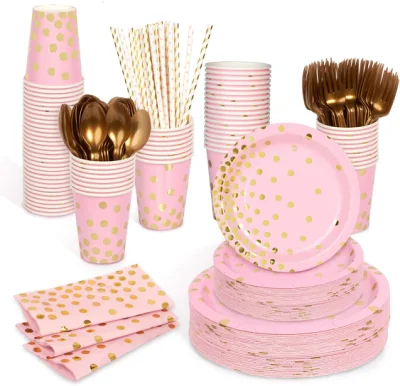 Piatti di carta rosa Decorlife per 50 persone, inclusi piatti per feste e cannucce per forniture per feste di compleanno rosa e oro, 400 in totale
